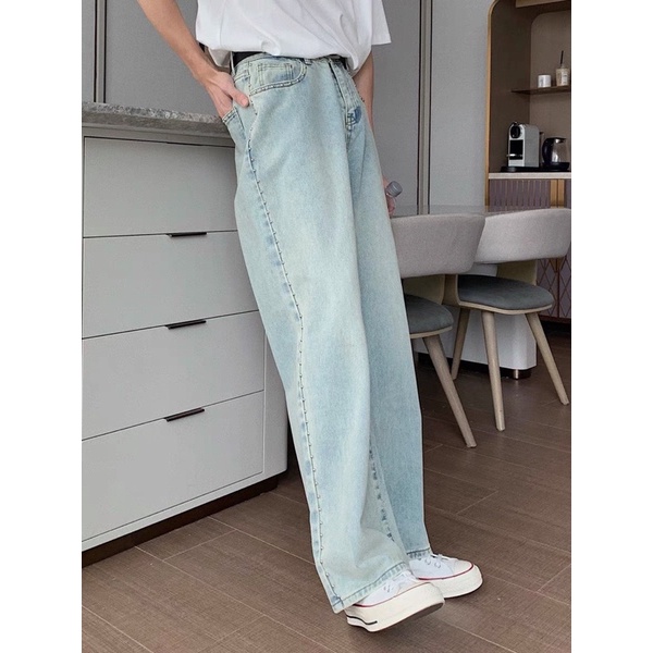 Jeans ống rộng baggy nam nữ phối ngọc trai