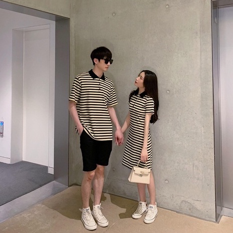 Set cặp đôi áo nam váy nữ Polo kẻ sọc ngang chất đẹp thời trang Quảng Châu cao cấp COUPLELOVE C023