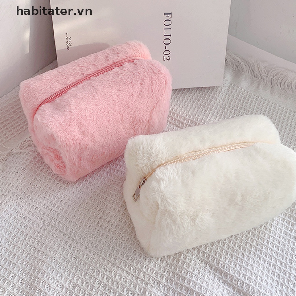 Túi Đựng Cọ Trang Điểm Lông Mềm Màu Trơn Cho Nữ