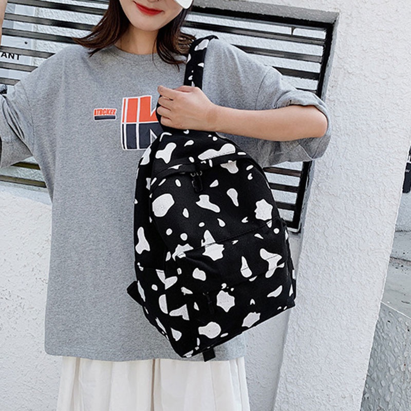 CHIC JOY Ba Lô Đi Học Vải Canvas Họa Tiết Bò Sữa Màu Tương Phản Dễ Thương