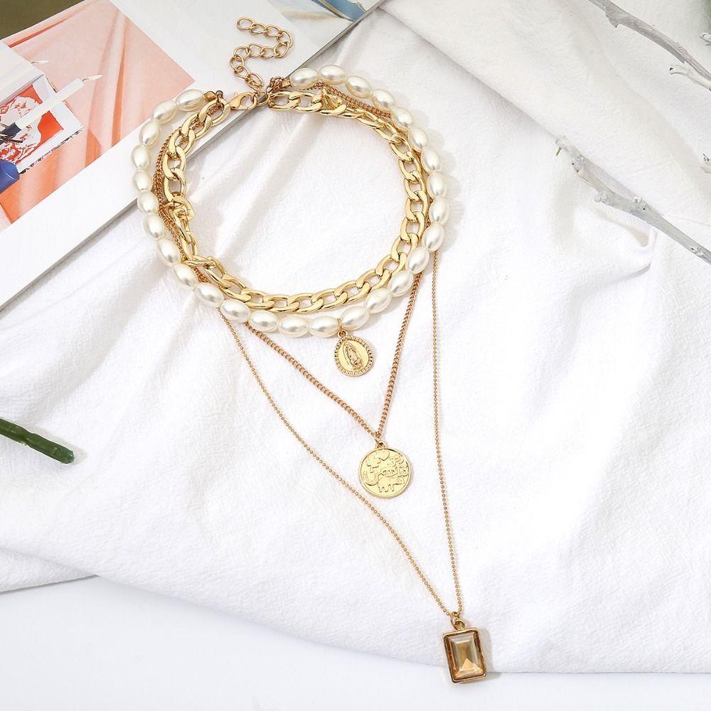Vòng Cổ Choker MXGOODS Dành Cho Nữ|Vòng Cổ Nhiều Lớp Đính Hạt Giả Ngọc Trai Và Đồng Xu