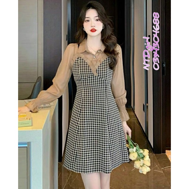 Hàng nhập - Đầm dáng suông xòe nhẹ cổ sơ mi, váy thun phối tay voan họa tiết caro