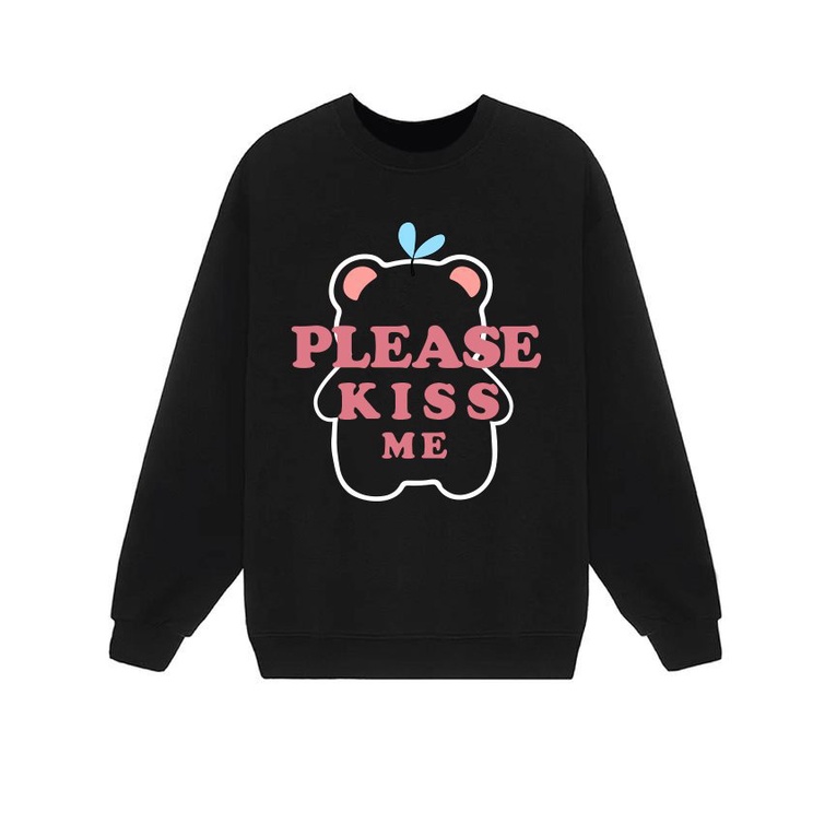 Áo nỉ sweater tay dài cổ tròn dáng rộng in họa tiết gấu tuyết please kiss me