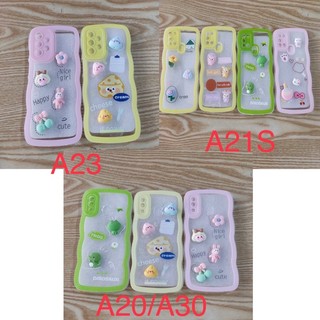 Ốp Samsung A23,A21S,A20/A30 dẻo trong,viền ốp gợn sóng,mặt lưng trong đính hình nổi,viền bảo vệ camera.