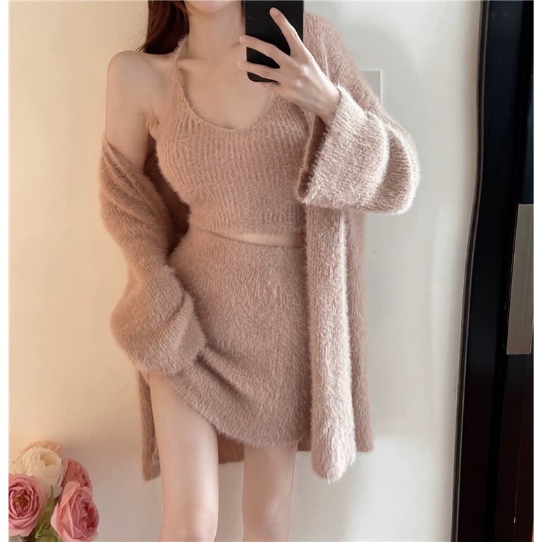 Set Len Lông Thỏ Siêu Mịn Body Áo Yếm + Chân Váy Và Áo Khoác Có Bán Rời