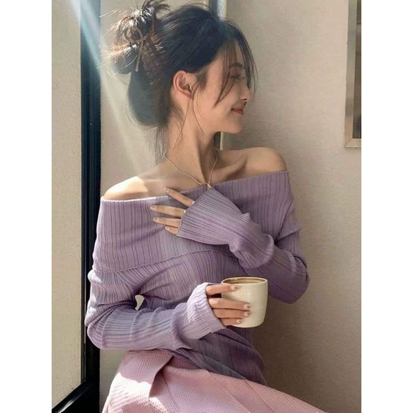 Áo len xẻ vạt trễ vai hàng QC