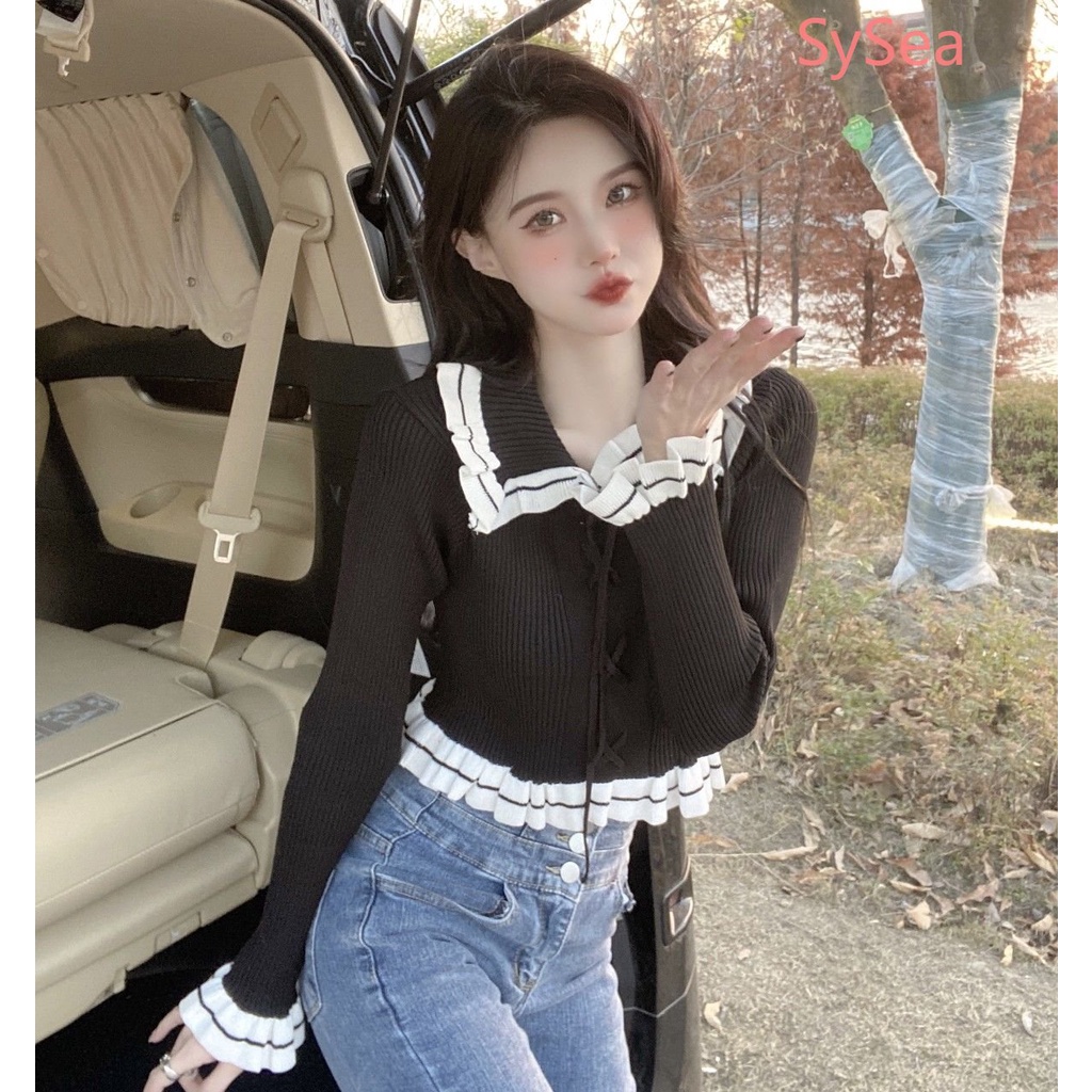 Áo Dệt Kim Phối Ren Dây Rút Thời Trang Mùa Thu Dành Cho Nữ
