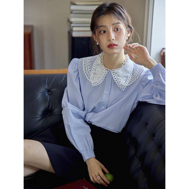 Áo Sơ Mi Tay Dài Cổ Búp Bê Phối Ren Phong Cách Pháp Cổ Điển Thời Trang Cho Nữ