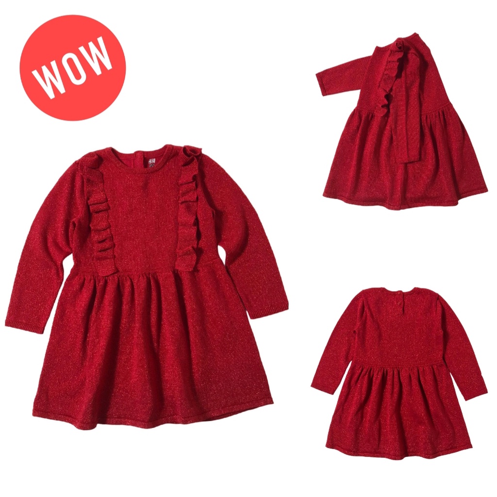 Váy thu đông bé gái H&M . Len đỏ pha sợi kim tuyến vàng,mềm,không bai nhão. Màu đỏ rưc rỡ rất đẹp. Size 1-6Y