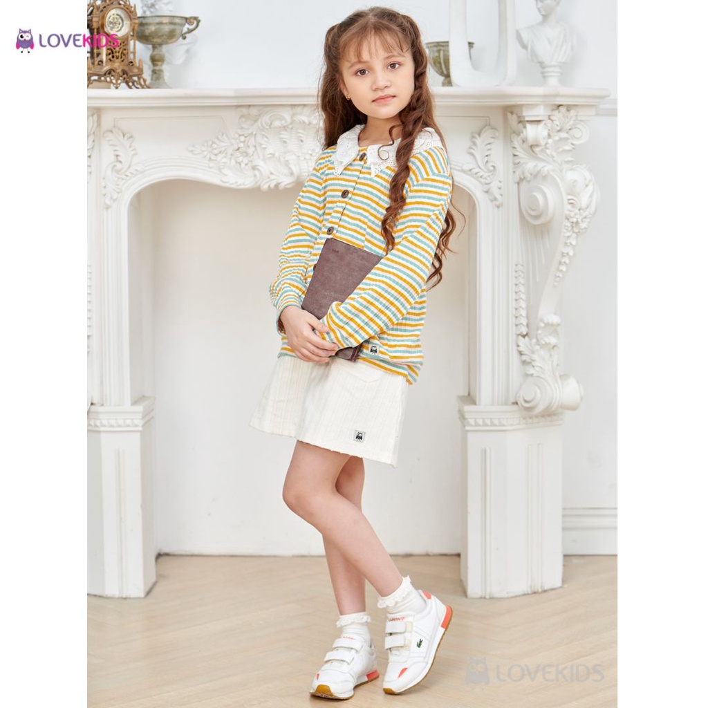 Áo khoác bé gái Lovekids, họa tiết ren phối cổ, vải cotton mềm mịn, không bông xù, size từ 6 đến 14 tuổi