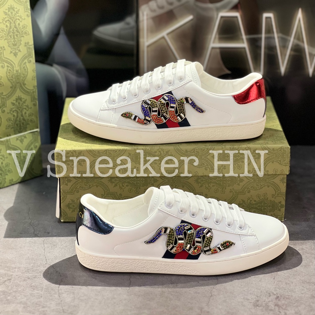 Giày Sneaker Da Nam Nữ Rắn Đính Đá Gót 2 Màu mẫu mới hàng cao cấp cực chất, Gucci đính đá