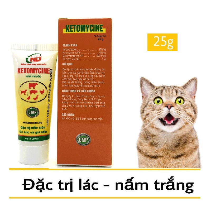 Kem bôi tri nấm ngứa trên chó mèo Ketomycine tuýp 25g - Kem bôi điều tri nấm ngứa cho thú cưng