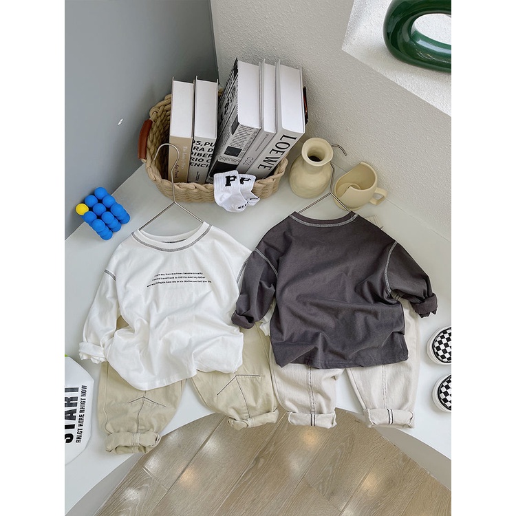 Áo Thun cotton Tay Dài Cổ Tròn In Chữ Phong Cách Hàn Quốc Cho Bé Trai Và Gái