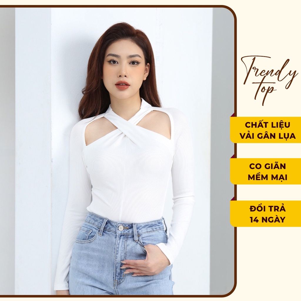 Áo thun kiểu nữ - Áo dài tay cổ chéo sang trọng chất liệu thun gân cao cấp, TRENDY TOP