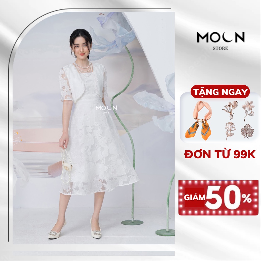 Váy nữ công sở thiết kế độc quyền MOON đầm xòe liền thân thêu hoa phong cách sang chảnh, bánh bèo MSB438