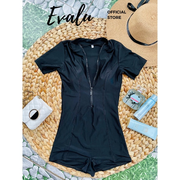 Bộ bikini liền thân dây kéo, đồ bơi 1 mảnh, bodysuit dây khóa kéo áo có tay dáng quần kín đáo EVALU STORE