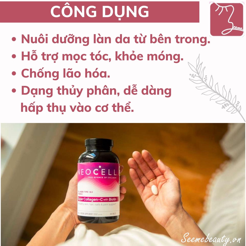 Viên Uống Collagen Neocell SUPER COLLAGEN +C 250 viên Nội Địa Mỹ SeeMe beauty
