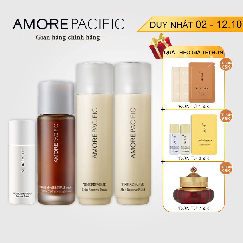 Bộ Amore Pacific 4 sản phẩm - Nước thần Amore; Bột rửa mặt Amore; Skin; Sữa dưỡng Amore; Nước hoa hồng Amore