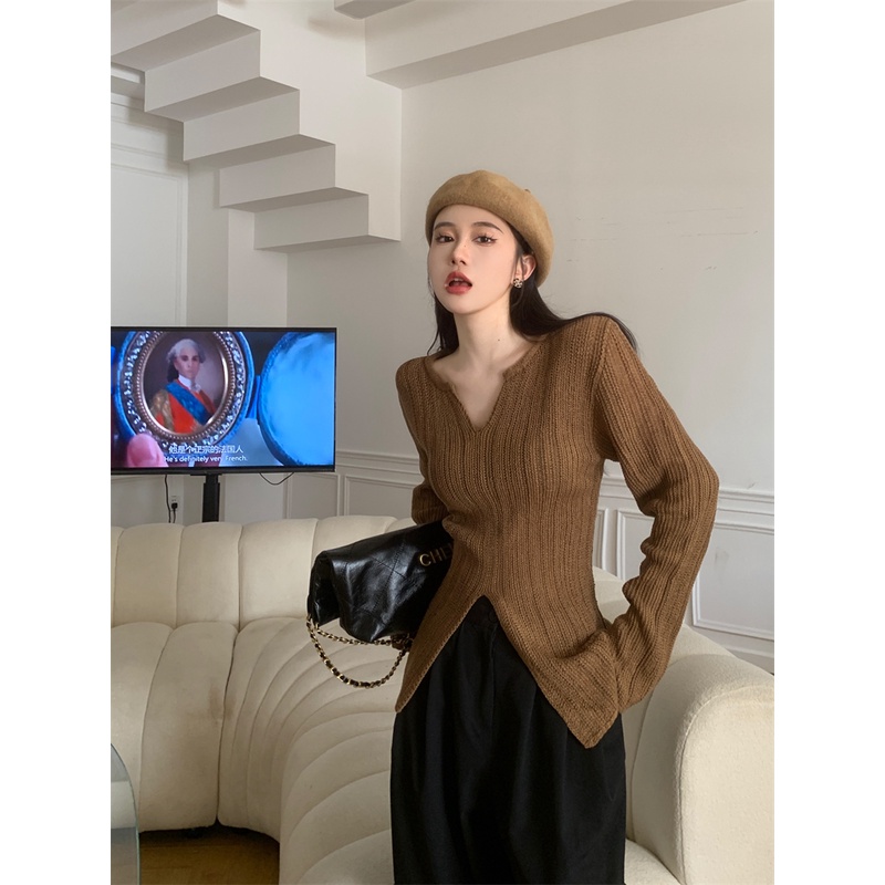 Áo Dệt Kim Tay Dài Cổ Chữ V Màu Trơn Thời Trang Mùa Thu Phong Cách Hàn Quốc