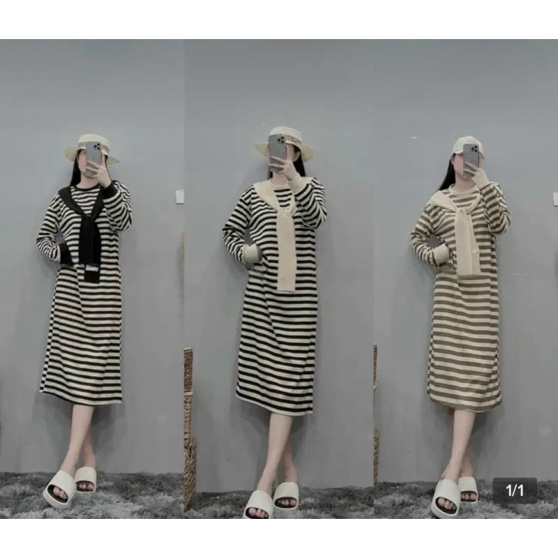 Đầm Thuỷ Thủ Kẻ Ngang Dáng Dài Chất Len Xốp Mặc Thu Đông Siêu Thích