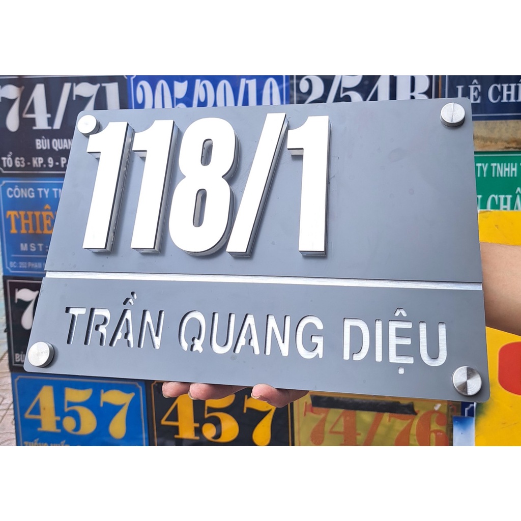 BẢNG, BIỂN SỐ NHÀ. Alumium màu ghi + số nổi alu nhôm xước, ngoài trời, bền đẹp.