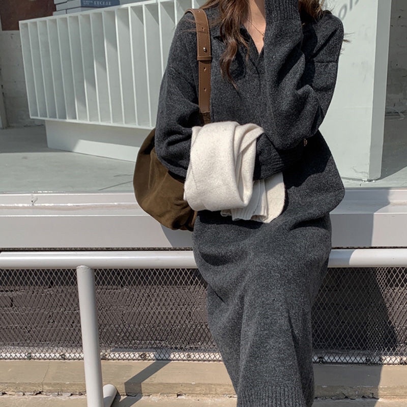 Váy len dệt kim dáng suông dài thu đông