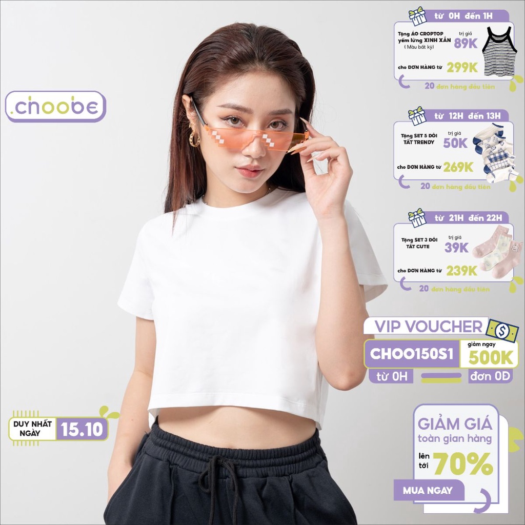 Áo croptop nữ Choobe cổ tròn kiểu trơn vải cotton co giãn thoáng mát freesize ngắn tay thun đẹp A09