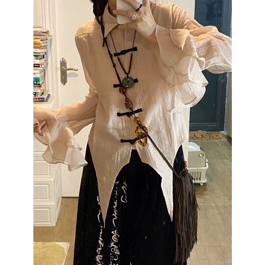 Bộ Áo Sơ Mi Tay Loe Cài Nút + Quần Cạp Cao Ống Rộng Phong Cách Trung Hoa Mới 2022 10.24