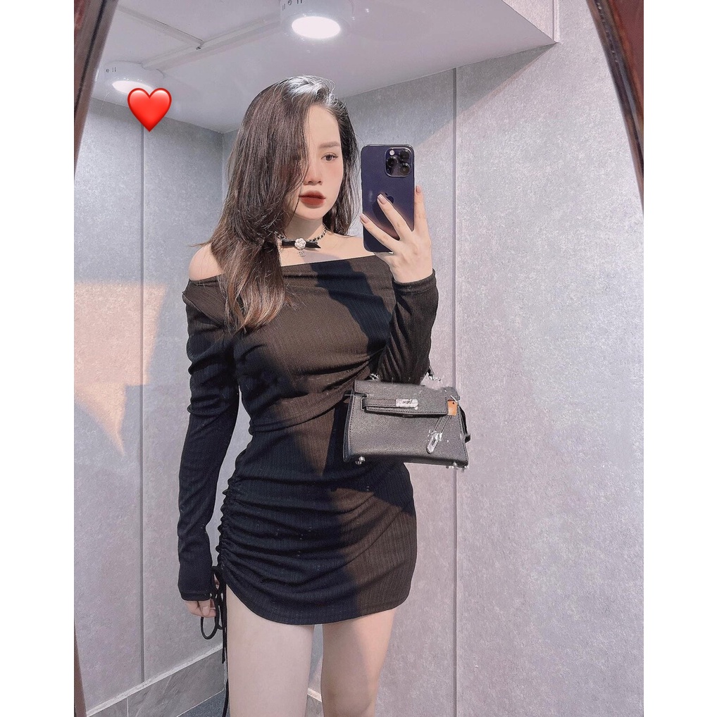 Đầm tay dài trễ vai ôm body dáng ngắn rút dây 1 bên cực hot , chất thun gân mềm mịn