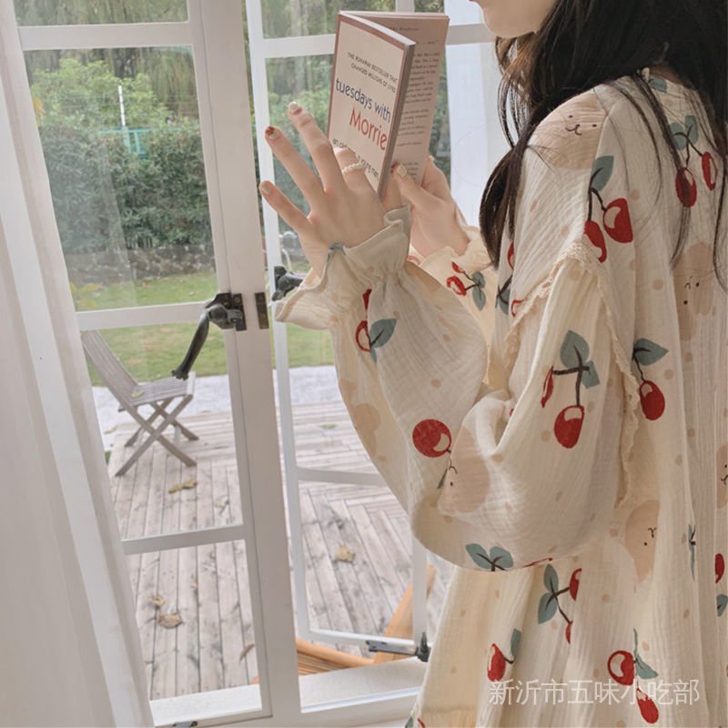 Bộ Đồ Ngủ Phối Ren Họa Tiết Trái Cherry Phong Cách Mới Ngọt Ngào Thời Trang Thu Đông Cho Nữ