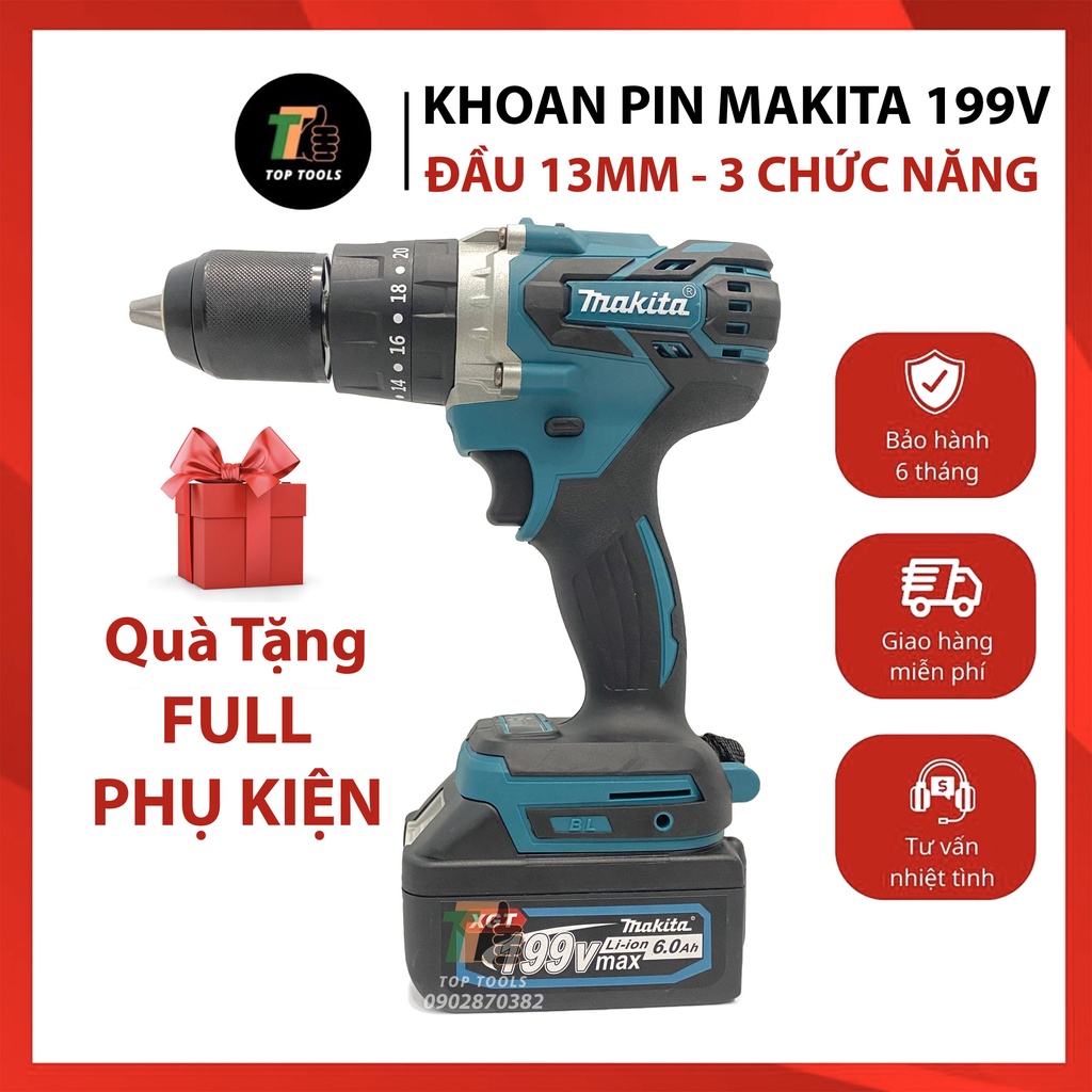 May khoan Pin, Máy khoan Pin Makita, Khoan không chổi than, Đầu 13mm, Pin 10Cell