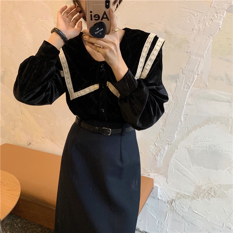 Áo nhung SUXI tay dài phối ren phong cách Hàn Quốc cổ điển thời trang dễ phối đồ dành cho nữ