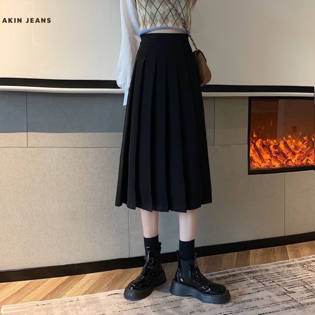 Chân Váy Xếp Ly, Akin Jeans, Váy Midi Xoè Dáng Dài Qua Gối Cạp Cao Phong Cách Ullzang Hàn Quốc, VXLD