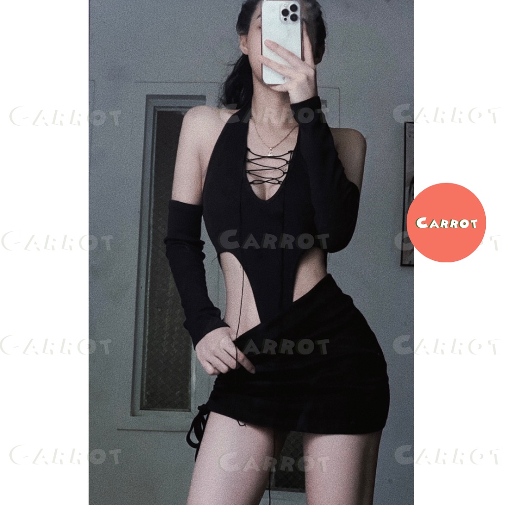 Set đồ nữ sexy cá tính sang chảnh áo croptop tay dài khoét ngực cột dây chân váy ngắn đen rút dây tôn dáng Carrotxinhdep