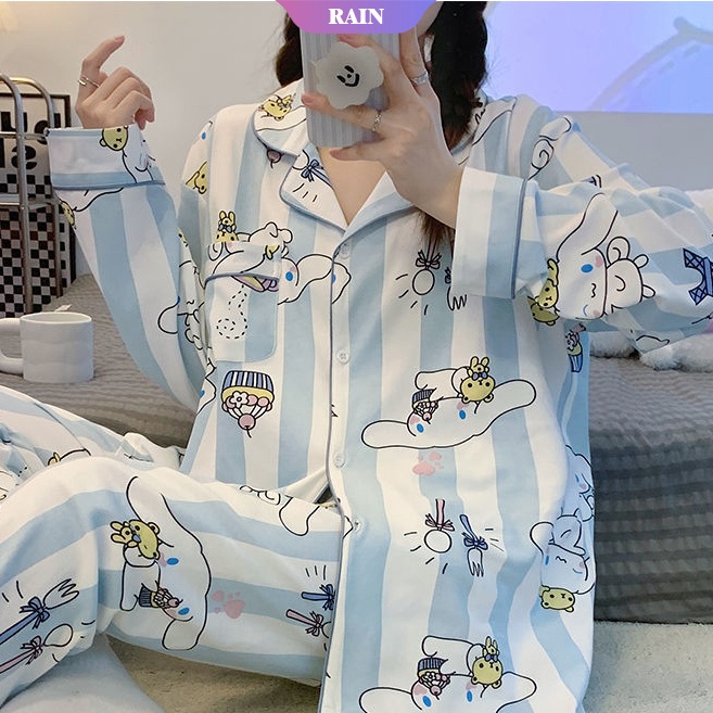 SANRIO Bộ Đồ Ngủ Hai Mảnh Tay Dài Dáng Rộng In Họa Tiết Hoạt Hình Cinnamoroll Dễ Thương Thoải Mái Cho Nữ