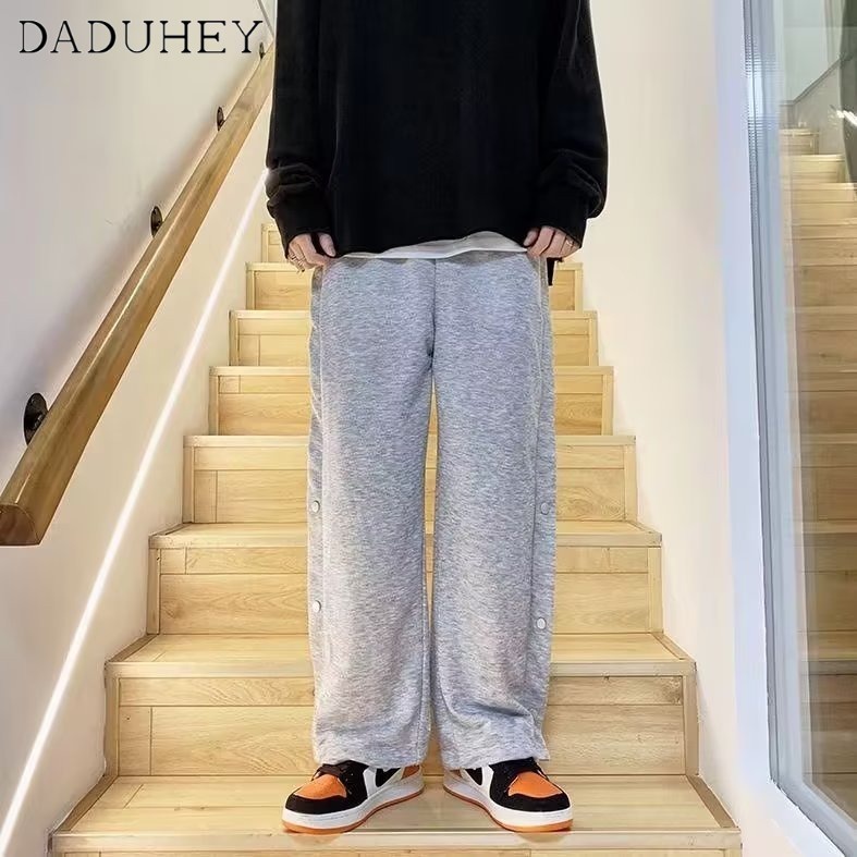 DaDuHey 2022 Autumn High Street Drawstring Jogger Pants Men's Handsome Stylish Flow Fashion Breasted Straight-Leg Pants