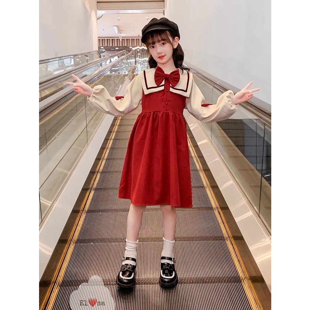 Váy Nhung Tăm Cổ Vuông Đính Nơ Sang Chảnh Dành Cho Bé Gái từ 8-25kg