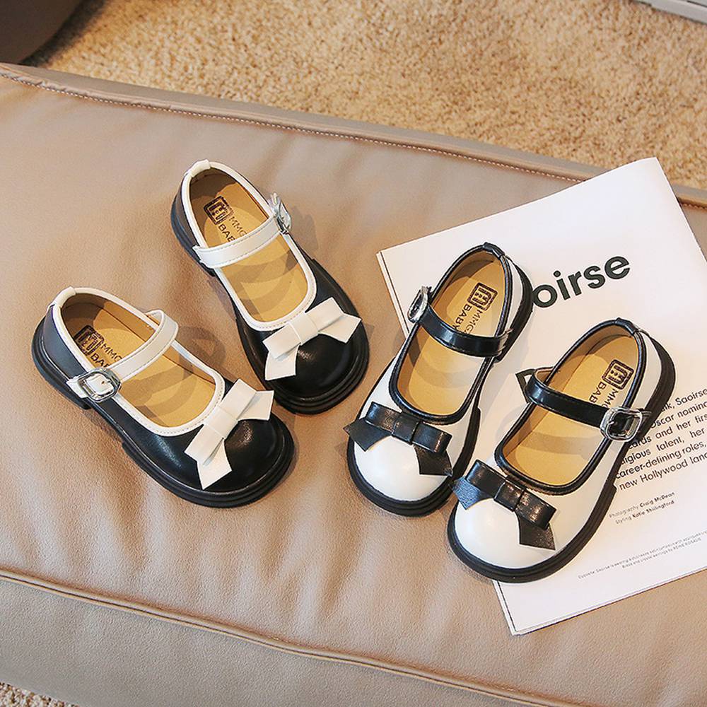 Giày Da Quai Dán Đính Nơ Xinh Xắn Dành Cho Bé Gái 3-9 Tuổi