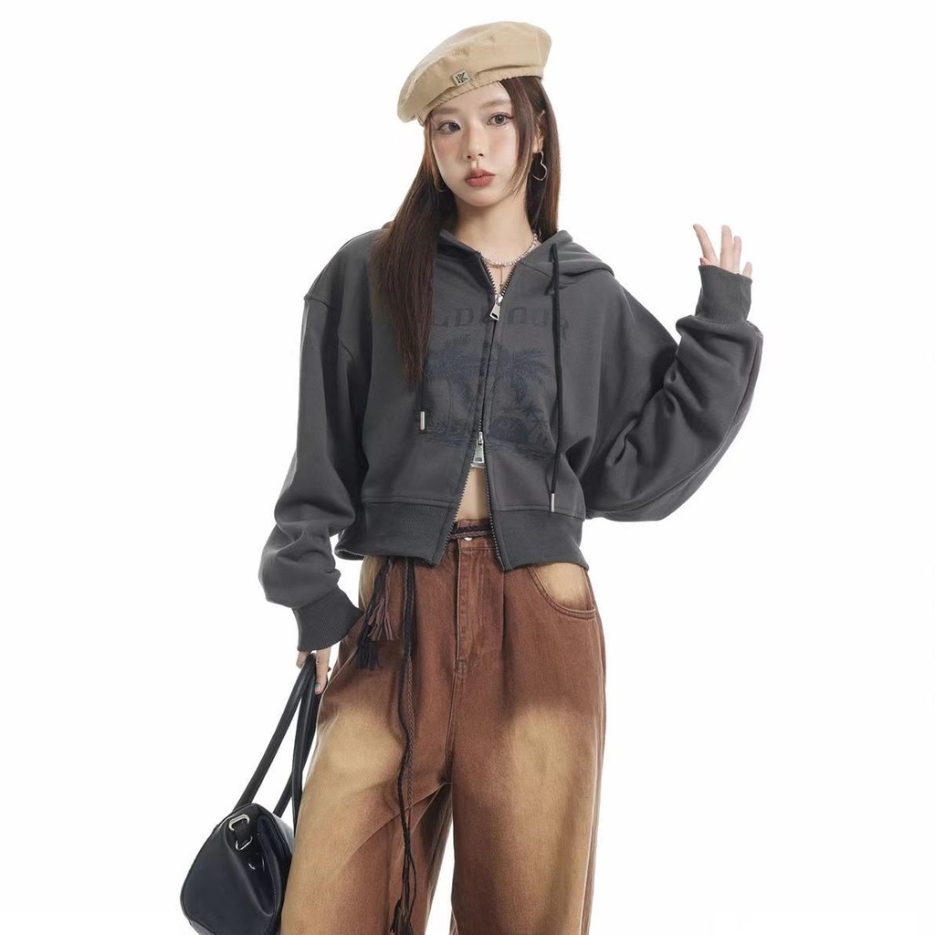 Áo Khoác Cardigan Có Khóa Kéo Đôi Phong Cách Đường Phố Retro Mỹ Bán Chạy Màu Xám Ngắn Mùa Thu Cho