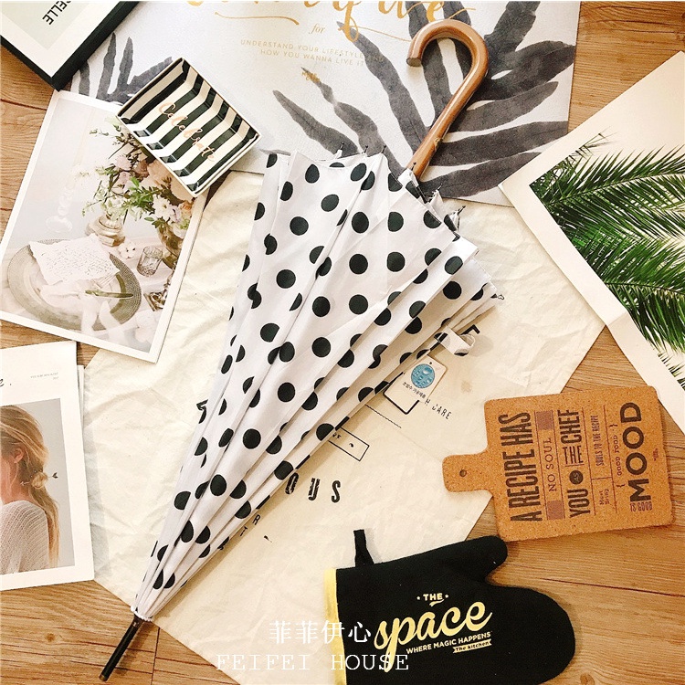 Dù Tự Động 12 Xương Họa Tiết Chấm Bi Tay Cầm Dài Màu Trơn Phong Cách Hàn Quốc Dành Cho Nam Nữ