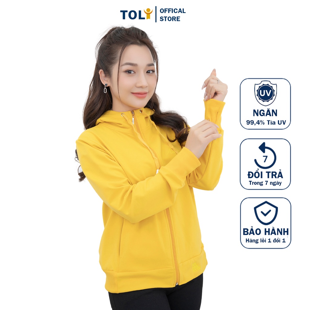 Áo khoác chống nắng chất da cá thoáng mát, có túi trong TOLI, Áo khoát Hoodie trơn nữ khóa zip có mũ [Vàng-KN07]