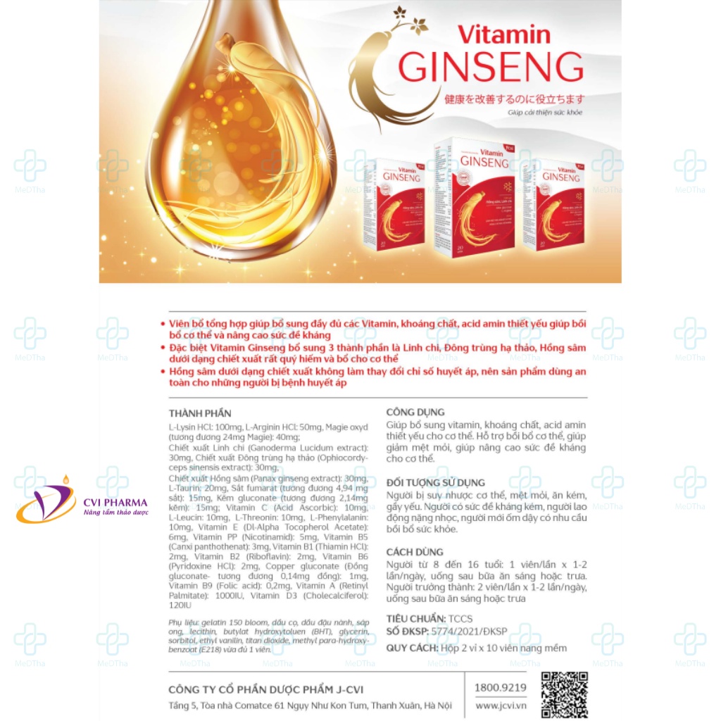 Vitamin GINGSENG - Viên uống bổ sung vitamin, bồi bổ cơ thể, giảm mệt mỏi, tăng sức đề kháng (Hộp 20 viên) [Chính hãng]