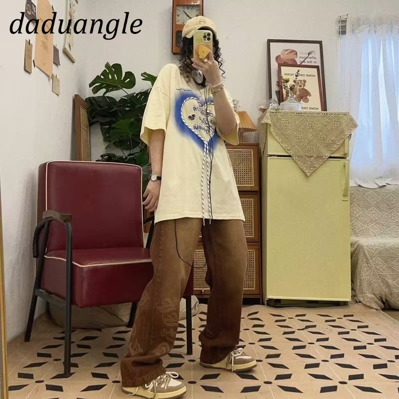 Quần jean Daduhey ống rộng lưng cao họa tiết chữ phong cách retro thời trang Mỹ