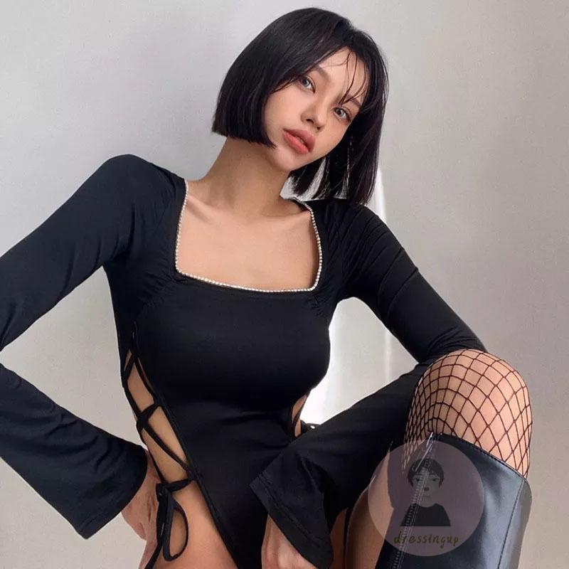 Bộ Áo Liền Quần Tay Dài Cổ Vuông Màu Sắc Đơn Giản Dành Cho Nữ