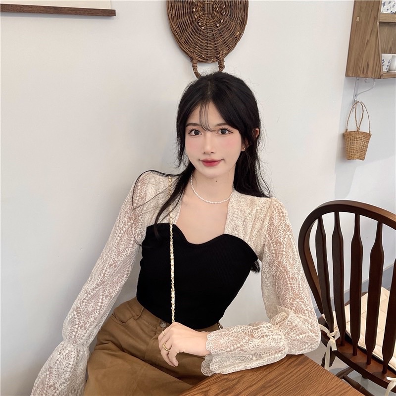 Áo Len Tăm Cổ Vuông Phối Tay Ren Siêu Xinh, Áo Len Tiểu Thư, Áo Kiểu Nữ Len Tăm