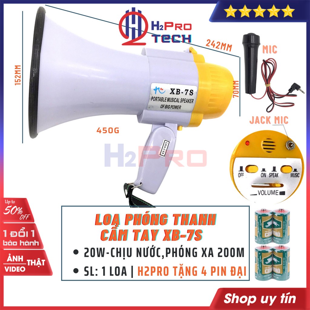 Loa Phóng Thanh Cầm Tay, Loa Cầm Tay Mini XB-7S Cao Cấp 20W Vang Xa 200M, Chịu Nước Mưa-Quà 20K 4 Pin Đại-H2Pro Tech