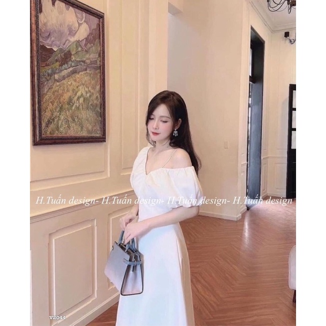Đầm trắng cổ v rút tay