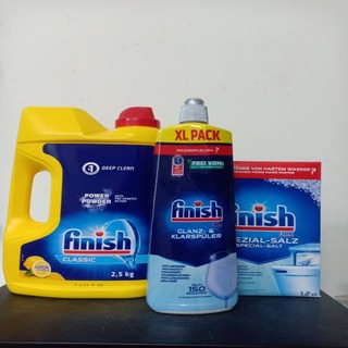Bột rửa bát Finish 2,5kg + Nước làm bóng finish 750ml + muối rửa bát chén Finish 1.2kg
