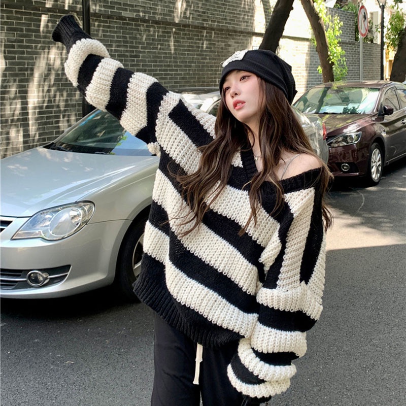IELGY Áo Len Cổ Chữ V Dáng Rộng Họa Tiết Kẻ Sọc Phong Cách Hàn Quốc Thời Trang Cho Nữ