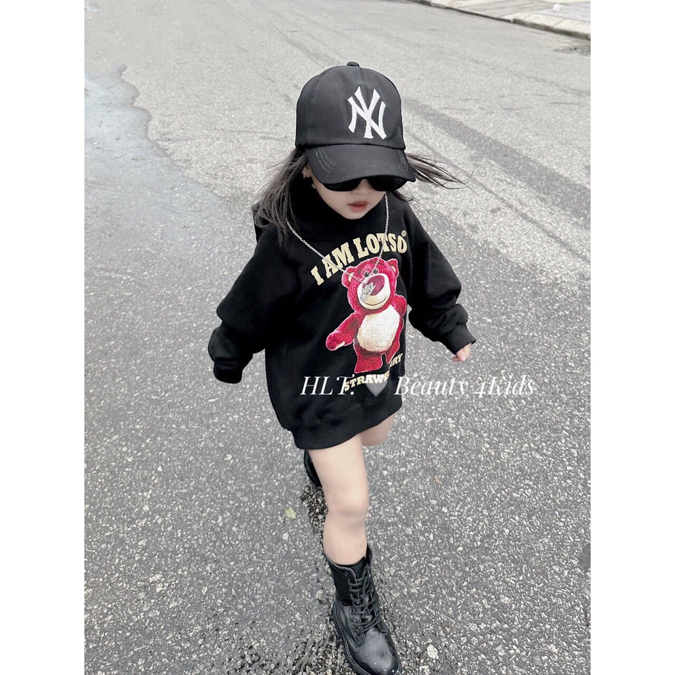 Áo nỉ đen gấu hồng kèm mũ bé gái